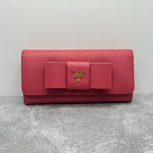 Prada Saffiano Leather Bow Continental Wallet Pink With ID Holder Bifold - Picture 3 of 16